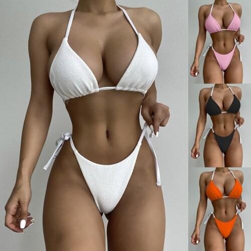 New White Bikini Solid Color Swimsuit Bandage Triangle Swim Suit Womens Halter Swimsuit Strap Bikini
