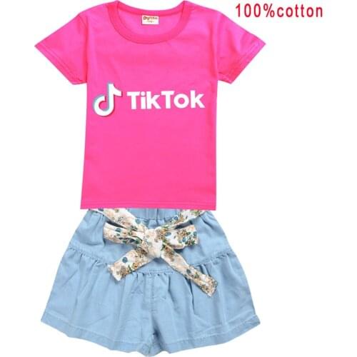 TIK TOK Summer Fashion Cute Cartoon Childrens Girl Skirt Suit T-shirt Short Sleeve Skirt Set for Girls