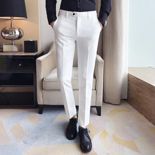 2021 Men Slim Fit Business Dress Suit Pants Male Solid Color Spring Formal Blazers Trousers Black White Blue Dress Pants