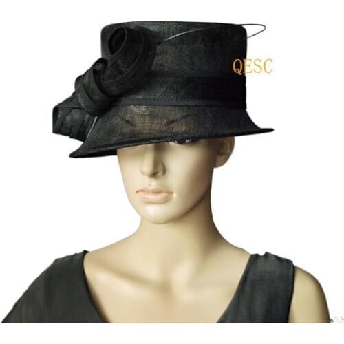 NEW Black Sinamay wedding womens hat panama Fascinator with long ostrich spine for Kentucky Derby and church.brim width 8cm
