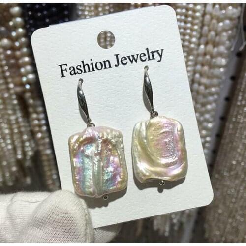 NEW Pretty Natural Fashion white Baroque 15-20MM square shaped pearl Tibetan silver Earring