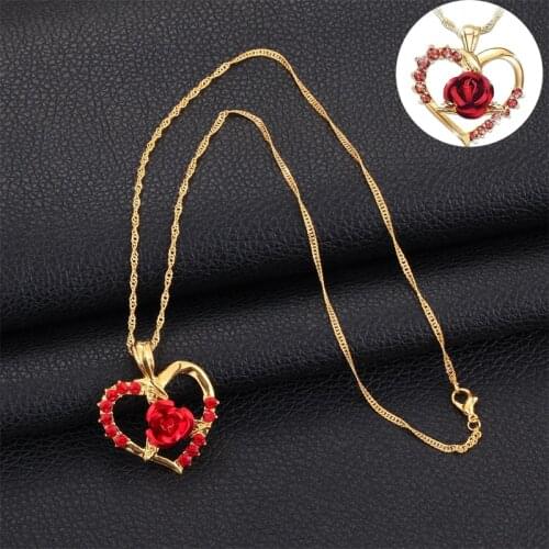New Love Heart Red Rose Pendant Necklace Women Girl Lady Gold Color Female Necklace Choker Fashion Jewelry For Birthday Gift