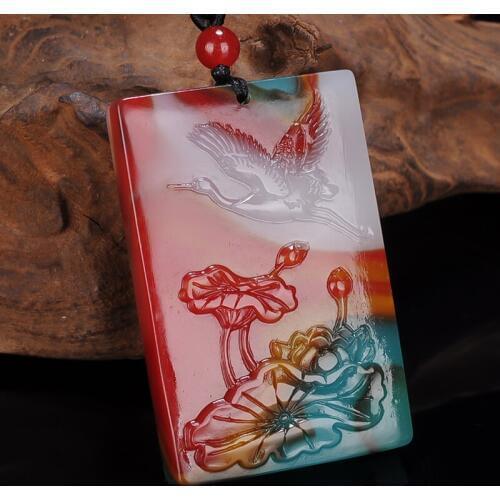 Natural Chinese Hetian Colour Jade Pendant Hand-carved Crane Lotus Fashion Charm Auspicious Jewelry for Man Women Amulet Gifts