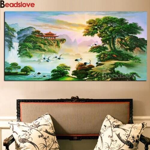 Full Square round diamond Longevity pine crane illustration 5D Cross stitch Rhinestone Mosaic Diamond Painting Home Decoration