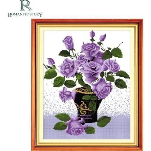 Romantic Story Purple Rose Flower Vase Pattern Home Decoration Cross Stitch Needlework DIY DMC Cross-Stitch Sets For Embroidery
