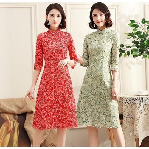 Shanghai Story Oriental Dress Chinese Traditional Dresses Long Cheongsam Half Sleeve Lace Qipao Womens Chinese Dress 2 Color