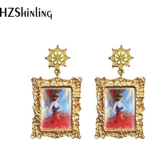 Modern Abstract Girl Oil Painting Retro Gold Dangle Drop Earrings Glass Cabochon Jewelry Vintage Earrings Jewelry