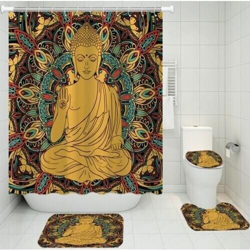 Buddha Statue Waterproof Polyester Shower Curtains Bath Screen Toilet Lid Cover Bath Carpet Rugs Bohemian Mandala Bathroom Sets