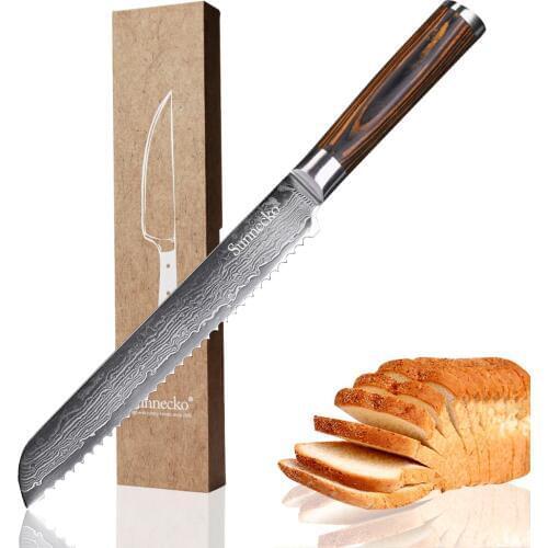 SUNNECKO 8" Bread Knife 73 Layers Damascus Steel Japanese VG10 Sharp Blade Kitchen Knives Pakka Wood Handle Cake Cutter Knife