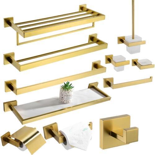 Light Brushed Gold Towel Rack 60cm Stainless Steel Bathroom Robe Hook Toilet Brush Holder Luxury Gold Shower Bathroom Sets