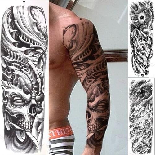 Death Skull Full Sleeve Temporary Tattoo For Men Women Adult Black Evil Eye Tattoo Sleeve Fake Skeleton King Large Tatoo Sticker