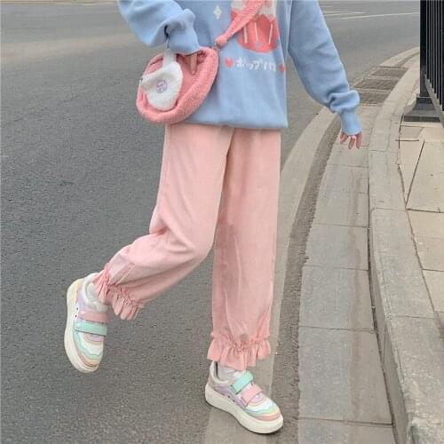 Japanese Preppy Style Autumn Kawaii Women Soft Girl Corduroy Pants Loose Sweety Ruffles Elastic Waist Casual Straight Pant
