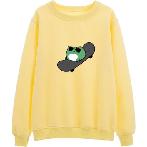 Harajuku Frog on A Skateboard Hoodie Women Cotton Jacket 90s Aesthetic Sweatshirt Thermal Drop Shoulder Yellow Clothes for Teens