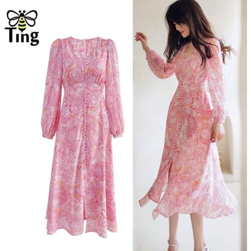 Tingfly Fashion Pink Floral Print Single Breasted Midi Dresses Summer V Neck Casual Street Exotic Light Dress Elbise Zaful Robes