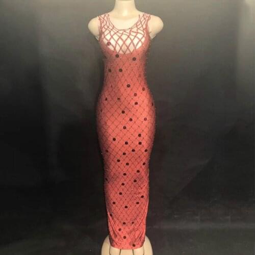 Women Sexy Stage Red Long Dress Sleeveless 3D Printing Grid Nightclub Party Performance Dancer Singer Stage Wear Bling Costumes