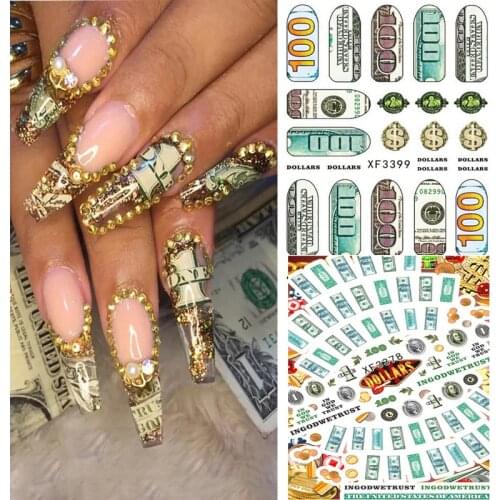 1 Sheet Design Dollar Sign Nail Art Sticker Self Adhesive Nail Decals 3D Manicure Tips Wraps Nail Art Decoration Tool Accessory