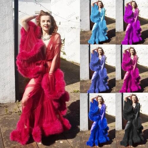 2021 Womens Feather Bridal Robe Luxury Fur Trim Silk Satin Lingerie Dressing Gown Nightgown Long Wedding Scar