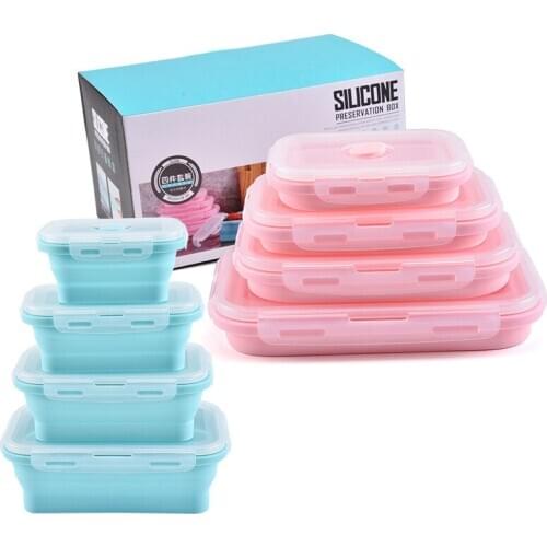 4pcs Microwavable Silicone Folding Box Bento Portable Collapsible Lunch Box For Food Container Bowl