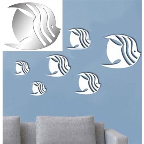 7pcs/Set 3D Fish Wall Stickers Silver Fish Crystal DIY Mirror PMMA Wall Art Decal Sticker Room Background Decoration Wallpaper