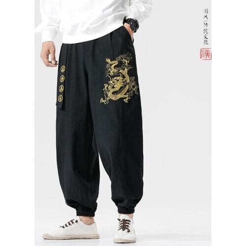 Chinese Style Dragon Embroidery Casual Harem Pants Wide Leg Joggers Trousers with Belt Loose Ankle Banded Pants Male