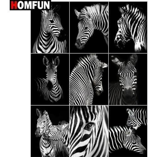 HOMFUN Paint With Diamond Embroidery "Zebra black and white" Diamond Painting Full Square Round Picture Of Rhinestone Decor