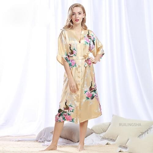 Summer Sexy Satin Silk Bathrobe Plus Size Kimono Dressing Gown For Women Floral Print Homewear Female Long Bath Robe Kimono Robe