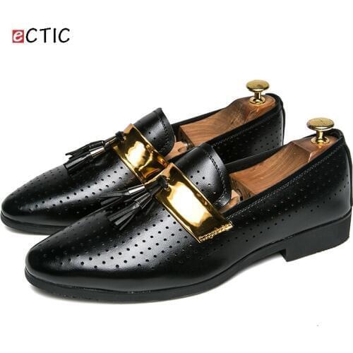 Ectic Men Hollow Outs Basic Tassele Loafers Breathable Pu Upper Metal Decoration Comfortable Vintage Moccasins Dropshipping