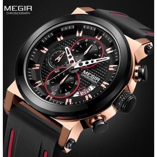 Megir 2019 New Mens Quartz Watches Silicone Band Chronograph Sports Army Stopwatch for Man Relogios Masculino 2100 Rose Black