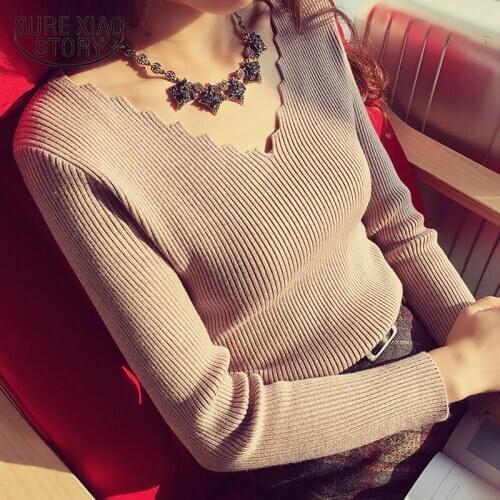 Fashion V-neck Long-sleeve Knitted Sweater Autumn Women Clothing Sweet Elasticity Sweater Women Female Jumper Pullover 7113 50