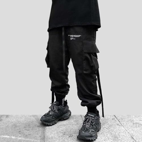 Men Ribbons Color Block Black Ribbon Pocket Cargo Pants 2019 Harem Joggers Harajuku Sweatpant Hip Hop Trousers
