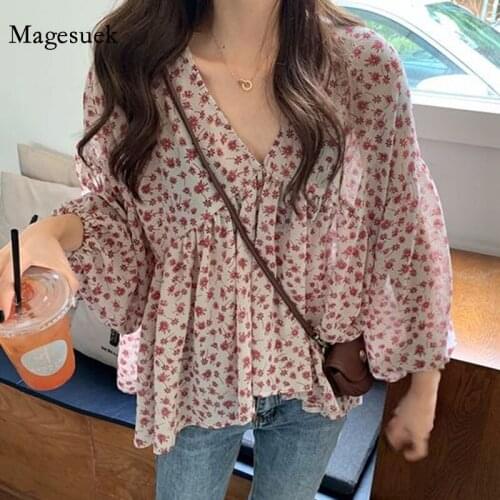 New Korean V-neck Loose Women Tops Sweet Floral Print All-match Elegant Chiffon Shirt Simple Slim Long Sleeve Ladys Blouse 9307