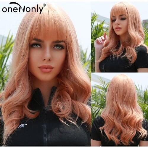 OneNonly Long Pink Synthetic Wigs with Bangs Natural Wave Hairstyle for Women Cosplay Party Heat Resistant Fiber