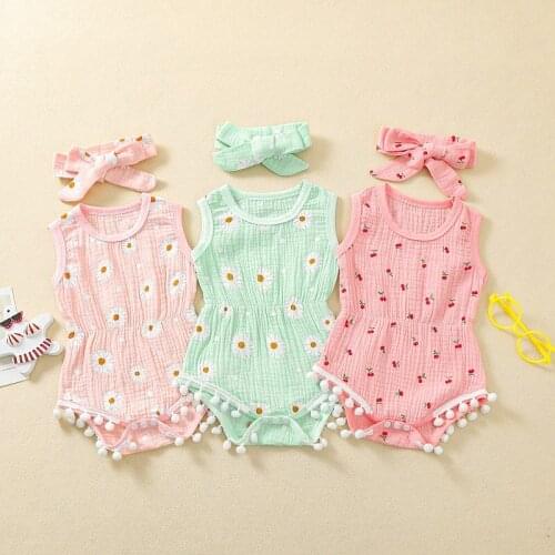 0-24M Cute Newborn Baby Girl Sleeveless Floral Tassel Ball Cotton Romper Jumpsuit Headband 2PCS Summer Clothes