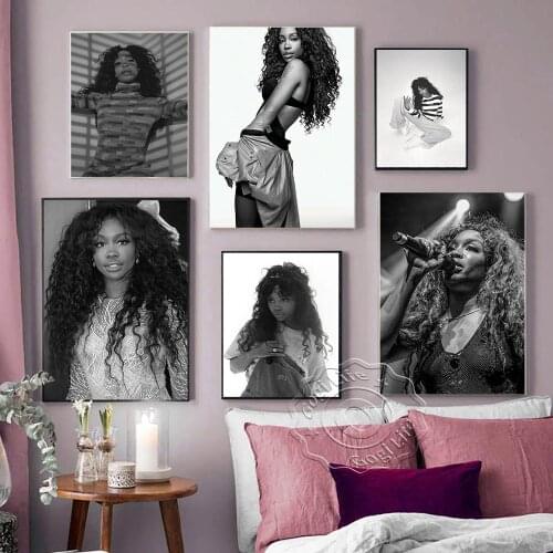 America Rhythm And Blues Singer Sza Art Poster, Sexy Girl Black And White Portrait Art Prints, Star Hip-Hop Singer Wall Picture