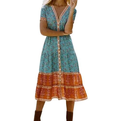 Dress 2021 Summer Womens Bohemian Chiffon Maxi Dress V-Neck Short Sleeve High Waist Holiday Long Beach Dresses Dropshipping