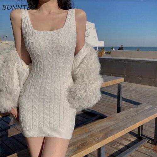 Dresses Women Solid Mini Slim Elegant Simple Sleeveless Square Collar Korean Style Stylish Leisure Female Vestidos Autumn Chic