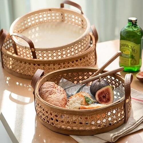 Hand-Woven Round Rattan Storage Basket Wicker Plate Fruit Snacks Serving Tray with Leather Handle