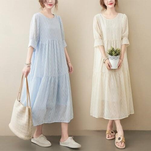 Simple 2021 Summer Plus Size Womens Lace Chiffon Loose Dress Mid-Length Slim Short Sleeve Long Dress Female Vestidos ZH1142