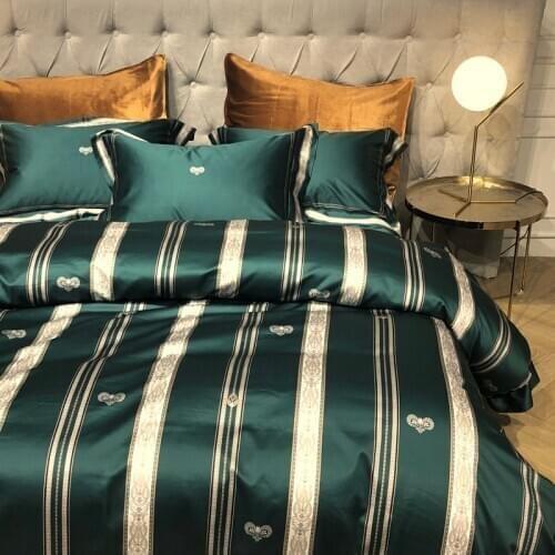 Luxury Digital printing Egyeptia cotton Green Royal Bedding set Queen King Stripe Duvet cover Bed sheet set Pillowcases 4pcs