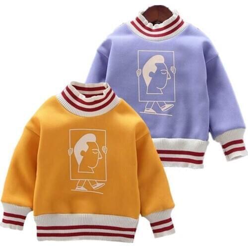 Kids Cartoon Cotton Clothes Children Pattern Round Neck Sweater Baby Thick Plus Velvet Warm Jacket Girl Boy Casual Coat Outer
