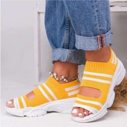 Women Sandals Peep Toe Summer Female Shoes Striped Mesh Thick Heel Shoes Platform Woman Casual And Comfortable Womens Sandalies