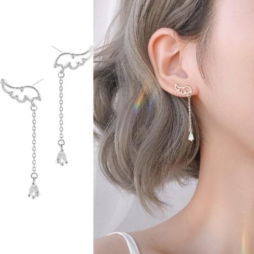 Silvery Minimalist Fashion Crystal Wing Tassel Shine Long Drop Earrings For Women Girl Allergy Jewelry