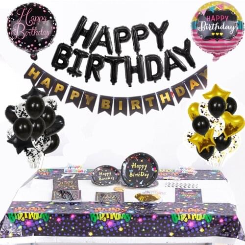 Happy Birthday Party Decoration Black Theme Disposable Tableware Plate Straw Napkin Balloon Baby Shower