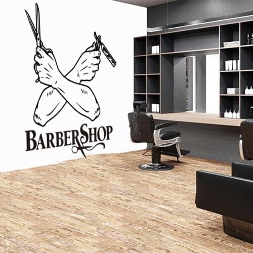 Vintage Crossed Barber Hands Scissors Razor Window Wall Decal Hairdresses Haircut Barber Shop Glass Wall Decal Vinyl Decor