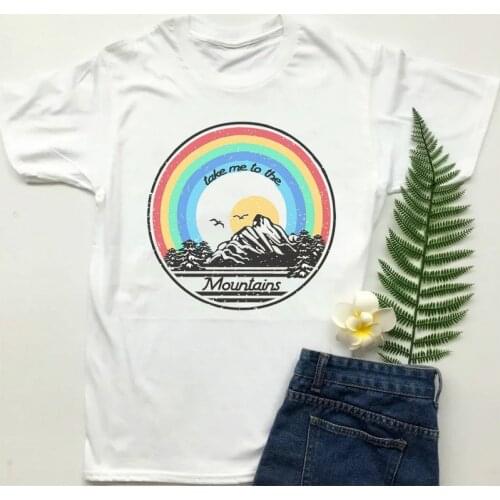 Hillbilly Take Me To The Mountains Graphic Female Tshirts White 100% Cotton Short Sleeve Tops Loose Vintage Rainbow Print Shirts