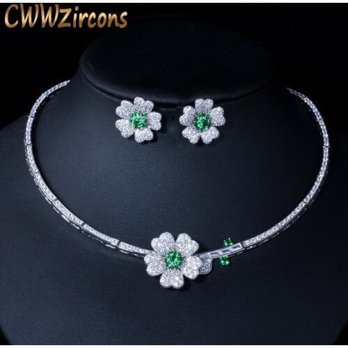 CWWZircons Brand Elegant Micro Pave Green CZ Zirconia Stone Flower Choker Necklace Earring Fashion Jewelry Sets For Women T091
