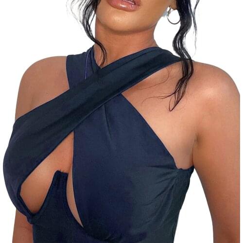 Womens Cross Halter Wrap Crop Tops, Sleeveless Solid Color Cutout Bandage Camisole