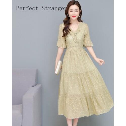 2021Summer New Arrival M-4XL Bohemian Style V Collar Ruffles Short Sleeve Women Long Chiffon Dress