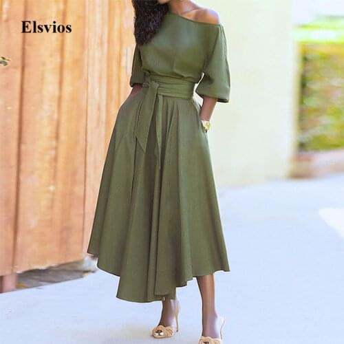 Women Elegant Sexy Off Shoulder Party Dress Spring Summer Tie-Up Belted Office Lady Dress Casual Short Sleeve Pocket Long Dress