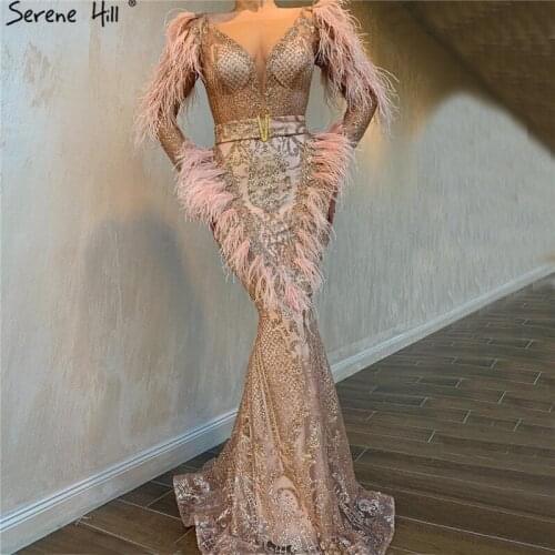 Serene Hill 2020 Rose Gold Long Sleeves Sexy Mermaid Evening Dresses Feathers Sequined Sparkle Formal Gowns For Women DLA60902